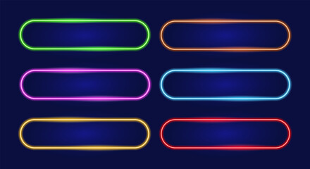 Neon glowing rounded rectangle buttons vector set for mobile apps and web interfaces, colorful UI elements with luminous light effect, futuristic controls for modern digital design