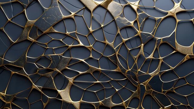 A close look at a textured surface with unique patterns in gold. The camera moves across the surface, highlighting the design and details. This happens indoors.