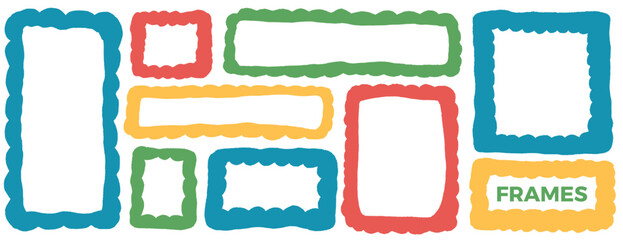 Scallop edged rectangle frames. Organic wavy abstract geometric text boxes. Curved, zigzag blank borders set. Vector blue, red and yellow callouts and promo badges isolated on white background.