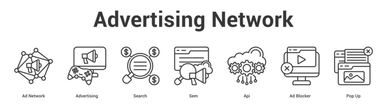 Advertising Network web banner icon set vector illustration concept for business with icon of Ad Network, Advertising, Search, Sem, Api, Ad Block.