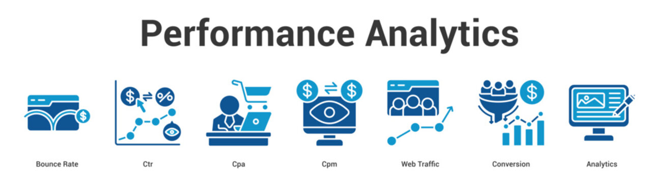 Performance Analytics web banner icon set vector illustration concept for business with icon of Bounce Rate, Ctr, Cpa, Cpm, Web Traff.