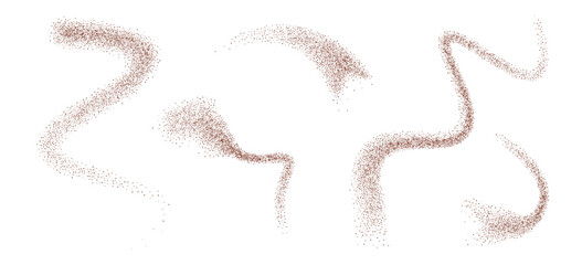Coffee or cocoa powder gradients fly squiggles shapes set. Grainy textured splash wavy long elements. Brown dotwork forms. Vector gritty wavy curved lines. Grunge splatter figures.