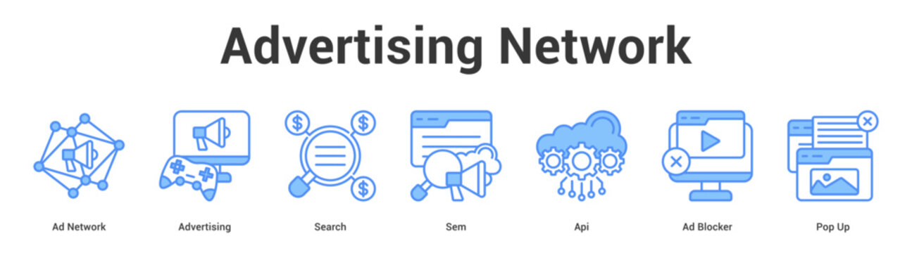 Advertising Network web banner icon set vector illustration concept for business with icon of Ad Network, Advertising, Search, Sem, Api, Ad Block.