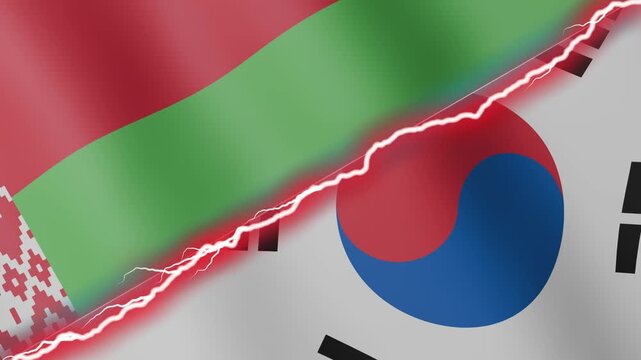 Two waving flags Belarusian and South Korea with diagonal lightning seamless, 4k loop