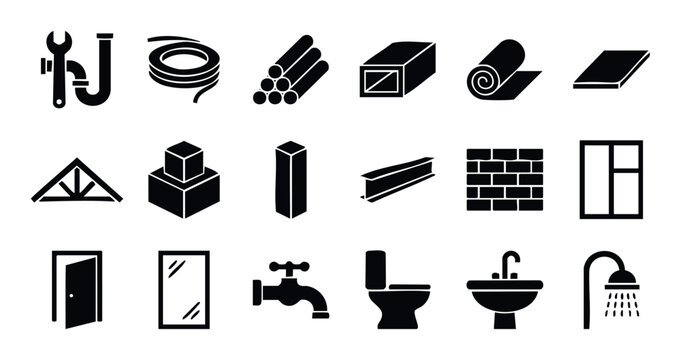 Vector icons representing various construction materials, plumbing fixtures, and building elements, suitable for home renovation guides, architectural software, and contractor websites.
