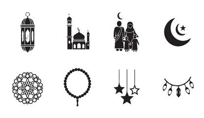 Naklejka premium Islamic Icons Collection: Mosque, Family, Lantern, Moon, Tasbih, Stars, Garland