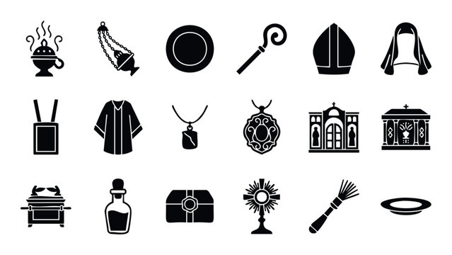 Collection of religious icons representing Catholic church vestments symbols sacraments and worship items for theological educational resources or spiritual graphic media