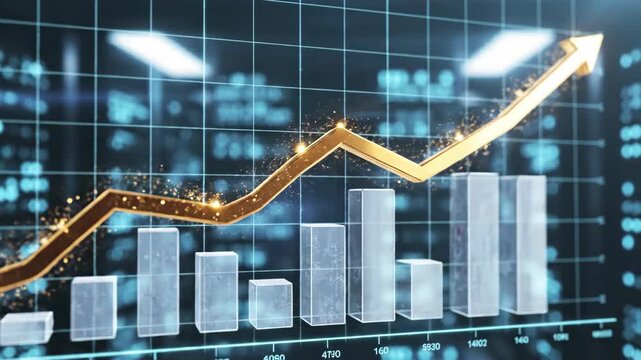 Rising gold line on financial bar chart symbolizing economic growth and investment success. clear path toward achieving future wealth and profit accumulation
