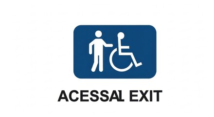 Blue and white sign indicating an accessible exit for individuals with disabilities, featuring a person assisting a wheelchair user, ensuring clear guidance and universal accessibility