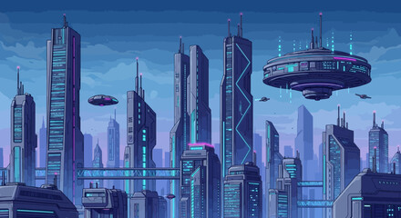 Futuristic Cityscape with Skyscrapers and Airships. © time