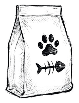 Sketchy black and white pet food bag with a paw print and fish bone drawing, suitable for pet care product packaging concepts, veterinary clinic promotions, or animal charity graphic assets.