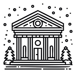 Naklejka premium Minimalist black line art depiction of a grand classical building with columns and a pediment, surrounded by falling snow and pine trees, ideal for seasonal greetings, winter holiday