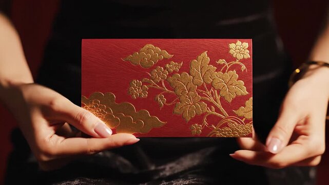 Woman holding red envelope with gold floral design in hands indoors