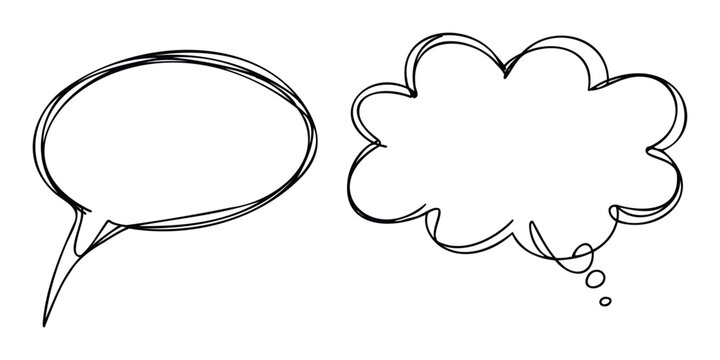 Hand drawn scribble style speech and thought bubbles representing communication and ideas useful for graphic projects social media and educational resources