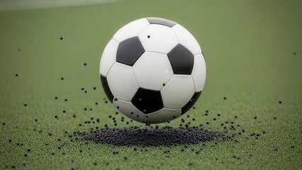 Naklejka premium Dynamic Soccer Ball in Mid-Flight on Green Pitch with Falling Turf Particles