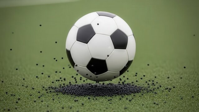 Dynamic Soccer Ball in Mid-Flight on Green Pitch with Falling Turf Particles