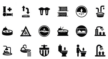 Fototapeta premium Water system icons plumbing, purification, faucets, showers, toilets, and drainage symbols
