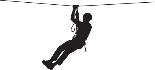 Silhouette of adventurous person zip lining outdoors with helmet and harness on cable pulley system, extreme sport activity in nature, recreational adventure tourism and adrenaline concept background © Rihan Creatives