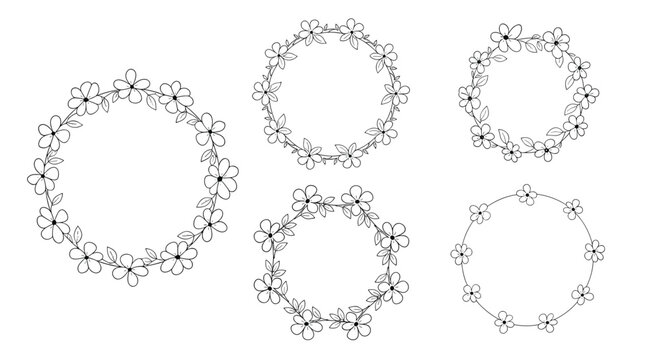 Collection of five beautiful hand drawn floral wreaths and frames made with simple flowers and leaves in a black outline style.
