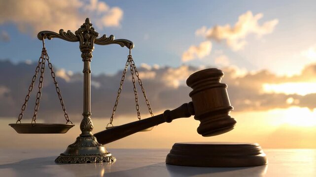 Gavel and scales of justice, powerful symbols of legal system, delivering court judgment and penalty for crime to ensure law and fairness against dramatic sunset