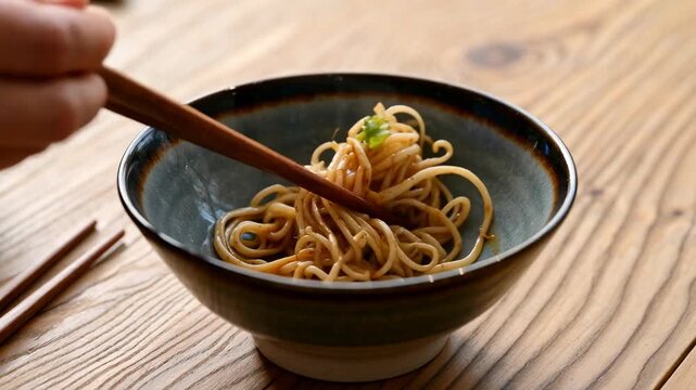 Delicious asian noodle meal in rustic ceramic bowl. minimalist food presentation on wood table for calm, peaceful and authentic dining setup with simple pleasure