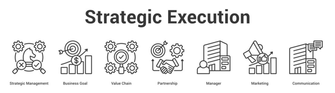 Strategic Execution web banner icon set vector illustration concept for business with icon of Strategic Management, Business Goal, Value Chain, Partnership, Manag.