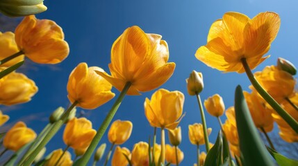 Obraz premium Bright spring tulips blooming under clear blue sky