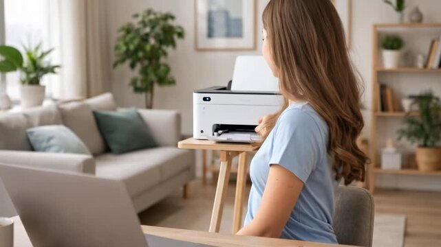 Young woman works on her laptop at a stylish home office, wearing a casual blue t-shirt. She focuses on the screen, surrounded by a cozy atmosphere, she turns to a printer, ready to print documents. 