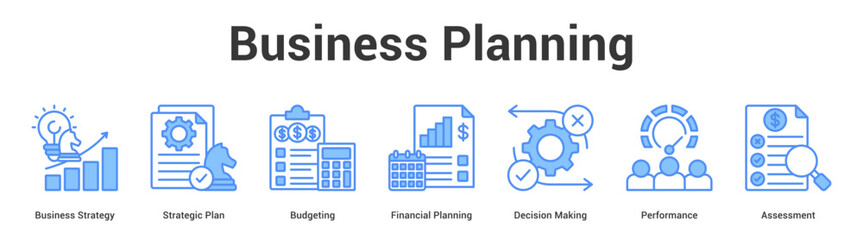 Business Planning web banner icon set vector illustration concept for business with icon of Business Strategy, Strategic Plan, Budgeting, Financial Planning, Decision Maki. © Jackcuan