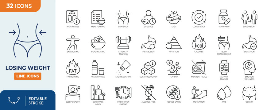 Losing Weight icon set. Contain icons related to Diet, weight loss, nutrition, and more. Editable stroke. Vector illustration