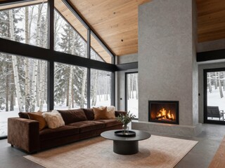Naklejka premium Modern Living Room Interior with Fireplace, Large Windows, and Snowy Forest View in Winter