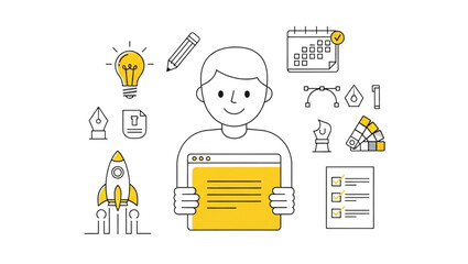 Graphic designer with creative tools and project elements