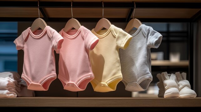 An engaging display at a children&rsquo;s clothing store featuring various baby bodysuits alongside accessories, creating an inviting atmosphere for potential buyers seeking the best choices for their