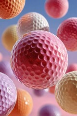 Glossy colorful spheres with dimpled texture floating in vibrant gradient space under bright studio lighting. Concept of abstract energy and modern design