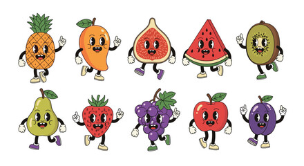 Fototapeta premium Groovy collection of various retro fruit characters in a vintage 1930s cartoon style with smiling faces and walking legs.