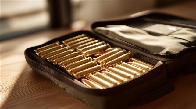 Bullet cases neatly organized in a gun range bag, emphasizing the preparation and planning behind shooting sports and the importance of safety and organization for firearm enthusiasts. cinematic