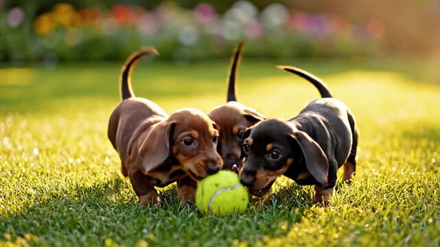 Three adorable puppies play together on a lush green lawn, eagerly trying to grab a bright yellow ball embodying the essence of fun and companionship in nature.