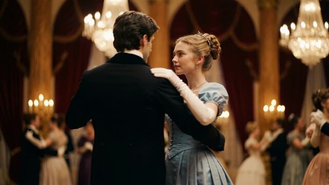 Elegant couple in regency era attire dancing waltz in a grand ballroom. Man and woman in formal dress at a luxury social event with chandeliers and guests in the background