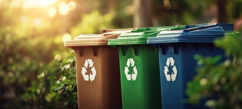 The Recycling Bins Lined Up Outdoors in Sunlit Park for Sustainable Waste Sorting