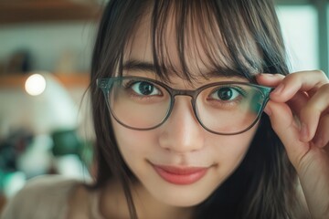 Fototapeta premium Young asian woman adjusting her eyeglasses, portraying vision, beauty, and intelligence