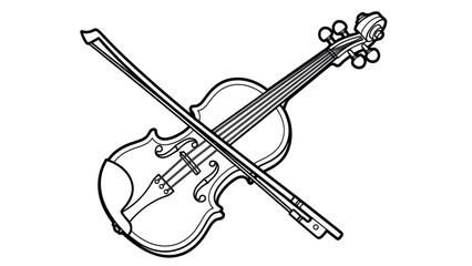 Obraz premium A crisp black outline drawing of a classic wooden violin with its bow resting diagonally, ideal for musical instrument lessons, concert promotions, and sleek graphic design layouts.