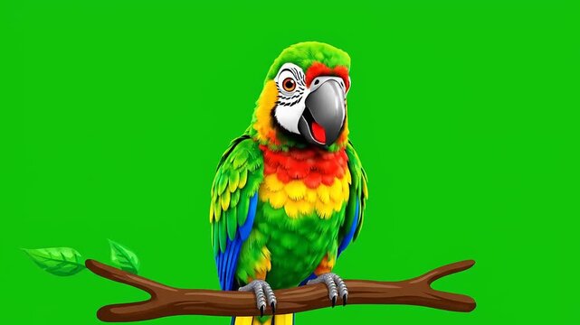 Colorful Parrot on Branch Animation Green Background.