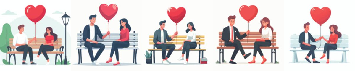 vector of a couple sitting on a park bench giving valentine love balloons