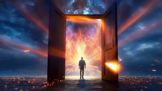 A person stands before open doors at the ocean. Bright light and flames shine from the doors. The sky has colors of dusk. Waves move gently near the shore.