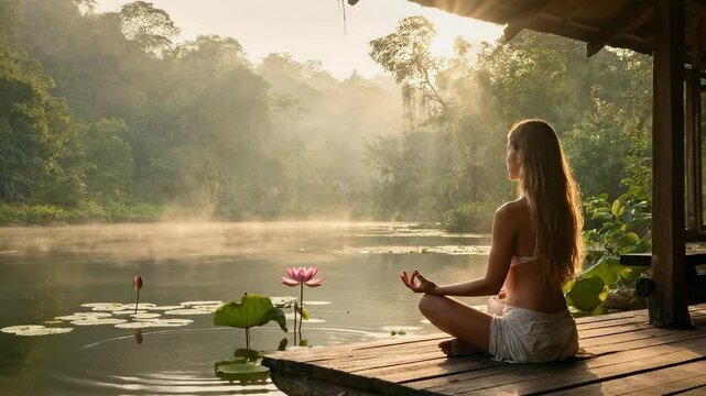 A young girl meditates with her hands in a mudra on the porch of a house at dawn. Meditation, Retreat	