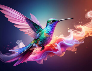 Obraz premium Abstract Flow: An abstract 3D art piece where the hummingbird's form is suggested by swirling smoke and colorful flowing particles, not solid geometry.