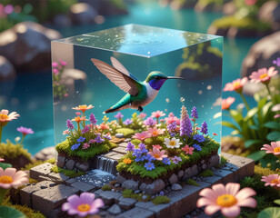 Obraz premium Isometric Diorama: An isometric miniature 3D scene contained within a glass cube, showing a tiny hummingbird in a dense, magical mini-garden.