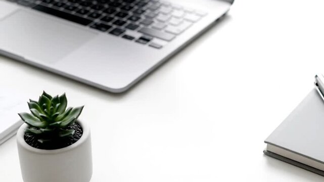 Camera pans across a minimalist workspace with laptop, succulent, and notebook.