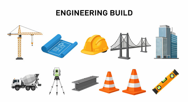 Collection of engineering and construction objects on a white background