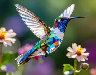 Obraz premium Crystal and Glass: A magnificent sculpture of a hummingbird made entirely of faceted transparent crystal and iridescent glass, refracting light into rainbows.